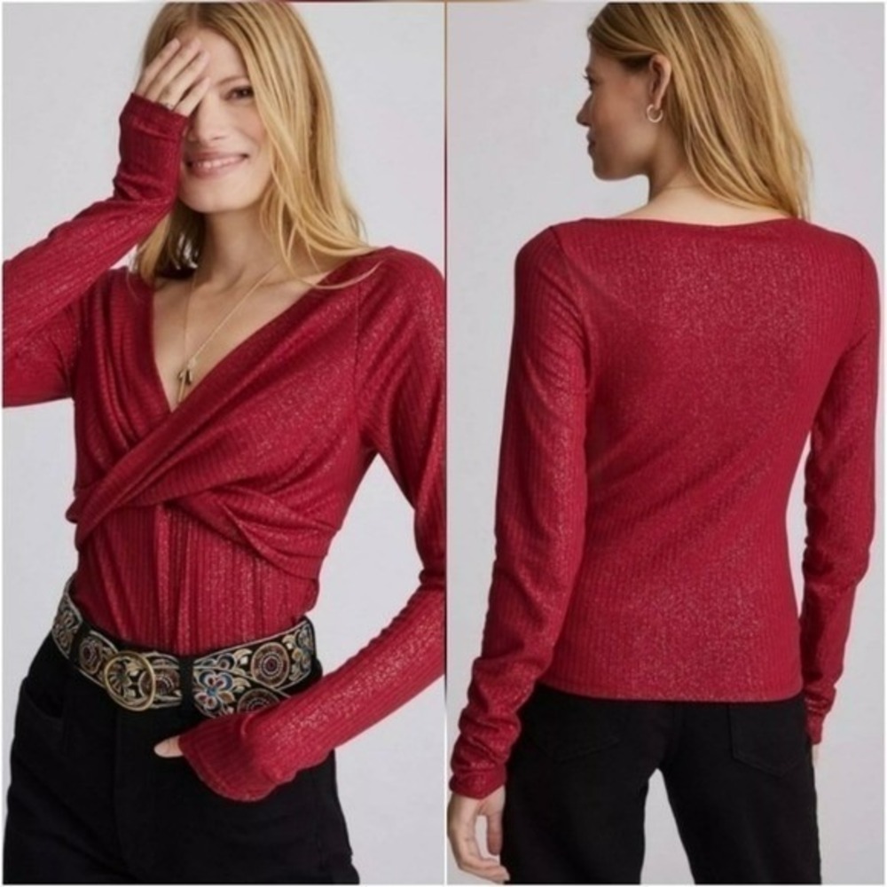 Anthropologie NEW Burgundy‎ Twist Front Gold Shimmer Wrap Top SZ Medium Y2K Glam